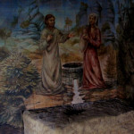 Setkání Ježíše se Samaritánkou u studny. Scenérie s místními pískovcovými skalami.