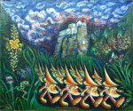 Sloupští skřítci spěchají spasit svět. Olej 60x50cm