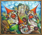 Sloupští skřítci slaví... silné svaly stále slouží... sláva stokrát sláva. Skřítci sobě. Olej 52x45cm