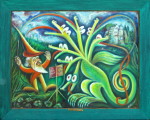 Sloupský skřítek sbormistr sleduje sedmihlavý sbor saně. Olej 81x62cm