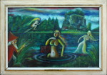 Sloupský skřítek sleduje sličné slečny... Olej 76x51cm