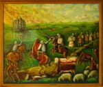 21. srpen 1440. Mikeš Pancíř a Vilém Ilburk s ukradeným dobytkem jsou dostiženi Žitavskými a Albrechtem Berkou. Olej 118x98cm